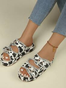 Women's Black And White Cow Print Tassel Thick Sole Open Toe Casual Platform Slide Sandals