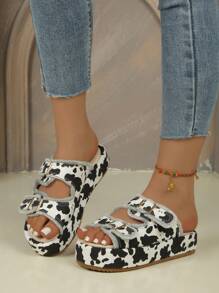 Women's Black And White Cow Print Tassel Thick Sole Open Toe Casual Platform Slide Sandals