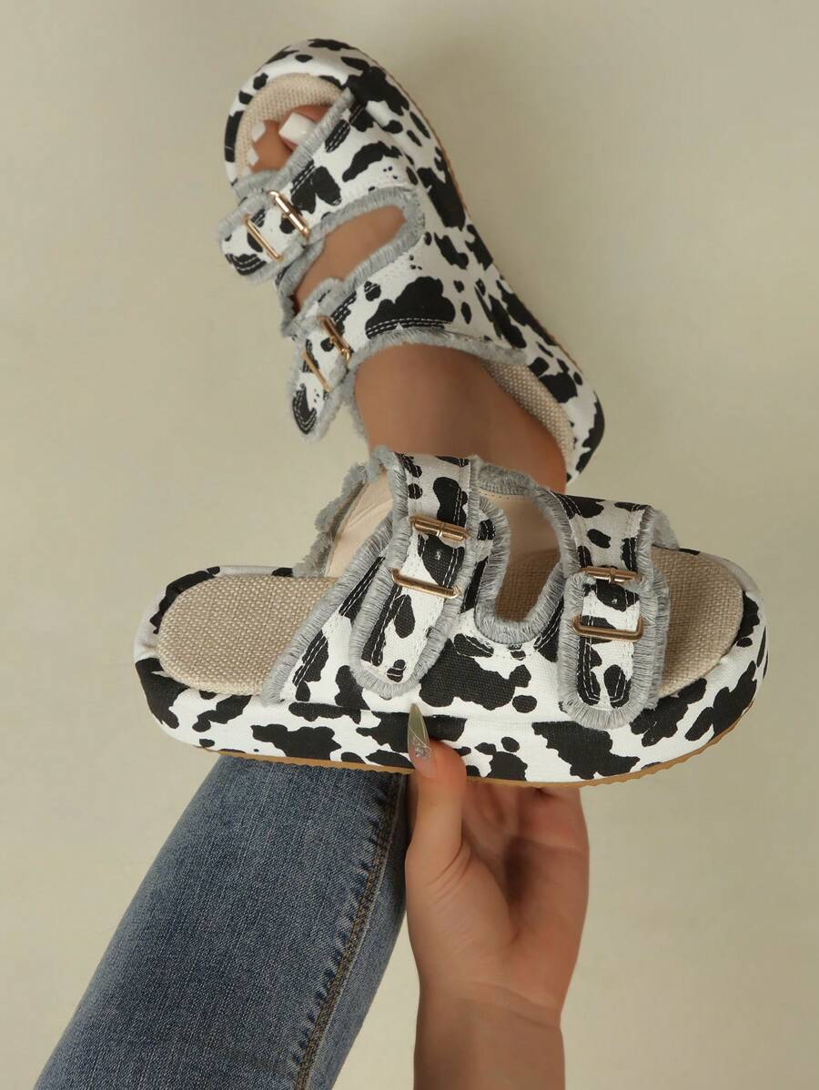 Women's Black And White Cow Print Tassel Thick Sole Open Toe Casual Platform Slide Sandals
