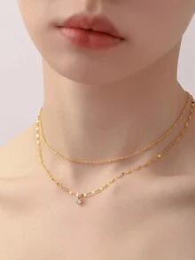 1pc Simple Single Diamond Dual Chain Anti-Rust Titanium Necklace For Women, Suitable For Daily Wear - Gold - View 6