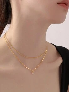 1pc Simple Single Diamond Dual Chain Anti-Rust Titanium Necklace For Women, Suitable For Daily Wear - Gold - View 8