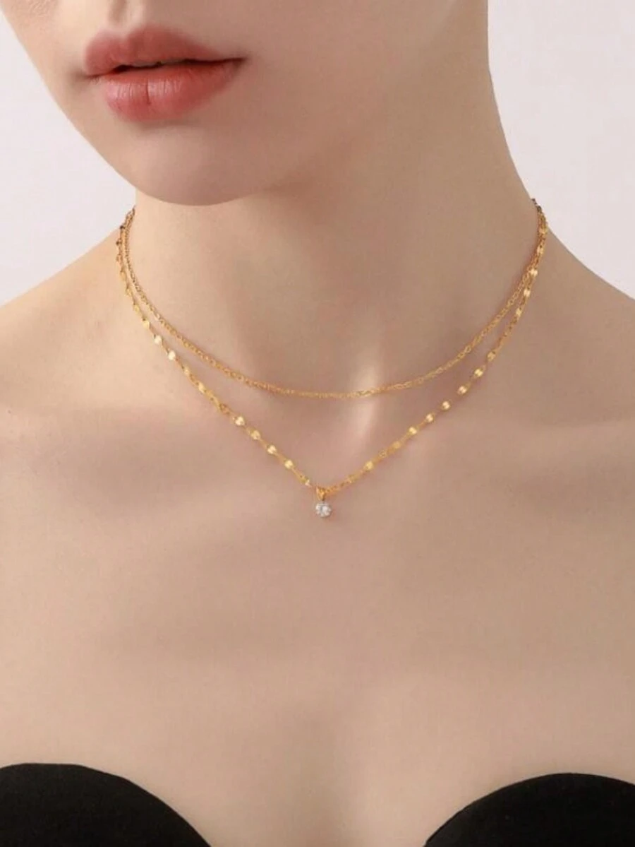 1pc Simple Single Diamond Dual Chain Anti-Rust Titanium Necklace For Women, Suitable For Daily Wear - Gold - View 1