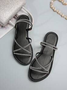 Sandalias planas con tiras finas y empedrado de cristal, elegantes y transpirables con punta redonda y patrón antideslizante - Negro - Ver 4