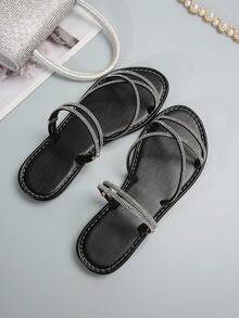 Sandalias planas con tiras finas y empedrado de cristal, elegantes y transpirables con punta redonda y patrón antideslizante - Negro - Ver 3