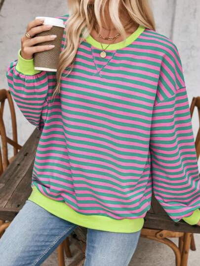 Women's Contains Stripes Drop Shoulder Y2K Loose Casual Round Neck Sports Sweatshirt