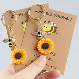 1pc/2pcs Inspirational Gift Keychain With Bee & Sunflower Design, "Be Yourself" & "Thank You For Helping Me Grow" Messages, Motivational Gift, Encouragement Card, Autumn Thanksgiving Accessories School Car Accessories Cute Goth Y2k Halloween Accessories Teachers Day