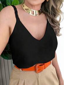 WOMEN'S BLOUSE TANK TOP WITH WIDE BRAIDED DUNA STRAP, SIMPLE BASIC V-NECKLINE - 黑色 - 查看 2