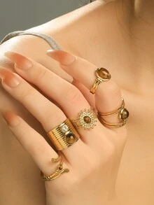 Bộ nhẫn hở nhiều lớp bằng thép không gỉ thời trang cổ điển màu nâu Zirconia đá tự nhiên thiết kế mặt trời, phù hợp cho phụ nữ đeo hàng ngày, Halloween, Ngày lễ tình nhân, Quà tặng ngày lễ Tạ ơn, Trang sức cho bạn bè, Tiệc du lịch Hawaii - Nhiều màu - Xem 2