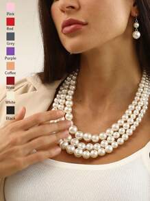 1pc Pearl Decor Multilayer Black Necklace And Earrings Jewelry Set - Black - View 1