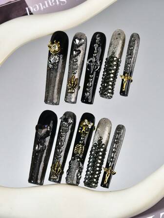 10pcs Y2K Extra Long 3D Handemade Press On Nails Halloween Skull Crown Ghost Claw Diamond Decoration Square Long Nail Fake Nail, 1pc Nail File And 1pc Nail Glue, Suitable For Girls And Women Festival Parties And Daily Wear Holiday Gifts Nail Art Nail Salon