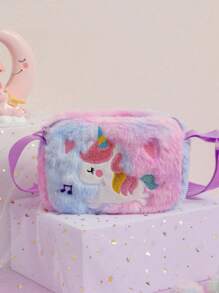 1pc Kid's Cartoon Plush Unicorn Crossbody Bag, Cute Shibori Dye Square Small Bag With Adjustable Strap For Coins, Accessories, Toys, Random Shibori Placement
