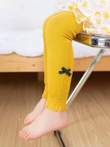 1 件女童蝴蝶结紧身打底裤透气黑/白色连裤袜，适合日常休闲穿着 - 黃色 - 查看 3