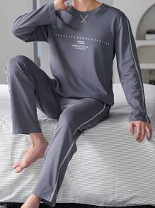 Bộ 2 món quần dài tay đơn giản và thời trang dành cho nam, bộ đồ ngủ nam họa tiết chữ cái tiếng Anh đơn giản, thân thiện với da, thoáng khí, thoải mái, có thể mặc ra ngoài - Màu xanh hải quân - Xem 4