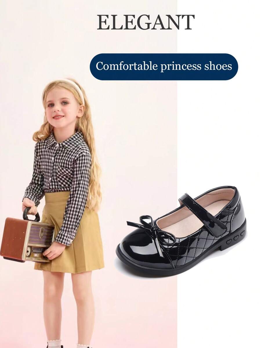 A Pair Of Black Girls' Diamond Patterned PU Leather Anti Slip Low Top Round Toe College Style Princess Shoes Suitable For School Commuting, Parties And Weddings, Suitable For All Seasons. - Black - View 1
