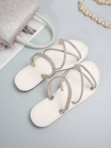Shiny Rhinestone Strap Flat Sandals, Fashionable Open-Toe Breathable Slippers With Slip-Resistant Sole - White - View 4