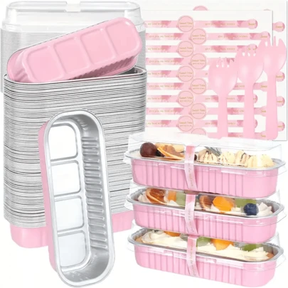 Mini Loaf Pans With Lids And Spoons, 100 Pack, Pink, 6.8oz, Rectangular Aluminum Foil Baking Pans