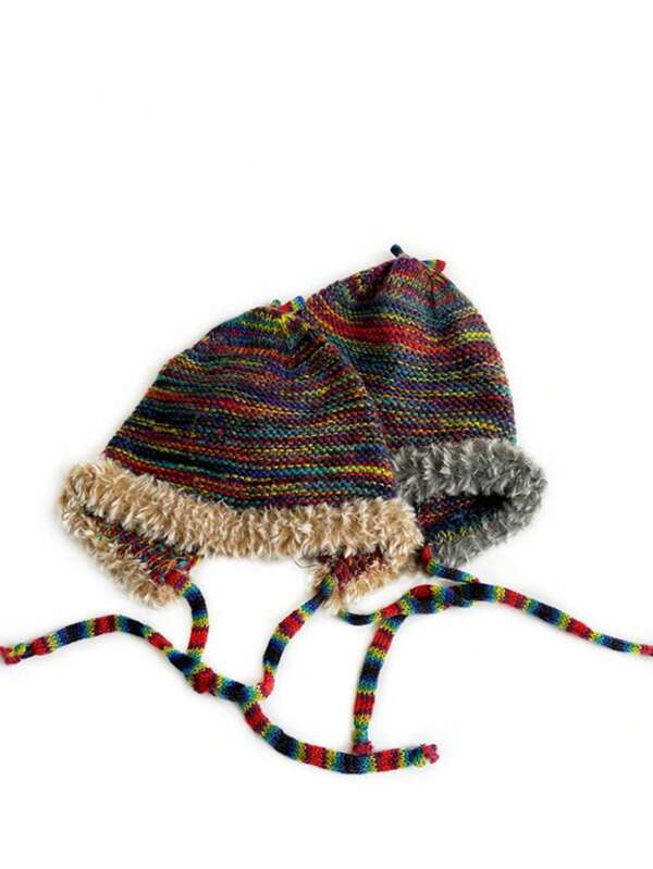 Korean Fashionable Handmade Crochet Colorful Knitted Hat With Tie-Up And Fur Trim, Girl's Bomber Hat For Autumn Winter