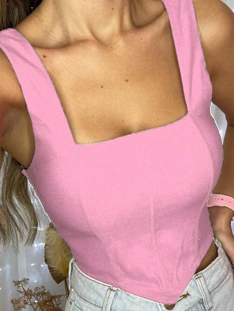 Cropped Top Women's Straight Neckline V-Point Wide Strap - Pink - View 1