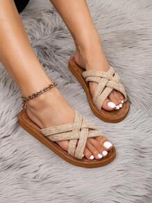 Tropiscape 女士新款秋季森系时尚交叉绑带凉鞋，罗马风简约大气露趾透气舒适卡其色圆头平底拖鞋，圣诞节冬季圣诞礼物