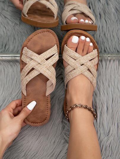 Women's New Autumn Mori Fashion Cross Strap Sandals, Roman Style Simple Atmosphere Open Toe Breathable Comfortable Khaki Round Toe Flat Slippers