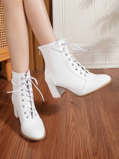 2025秋冬新款欧美性感圆头粗跟纯色百搭踝靴，带拉链和系带设计，女士款