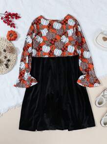 1pc Tween Girl Pumpkin & Leopard Print Contrast Velvet Midi Dress, For Fall/Winter And Halloween - Black - View 3