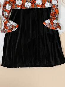 1pc Tween Girl Pumpkin & Leopard Print Contrast Velvet Midi Dress, For Fall/Winter And Halloween - Black - View 4