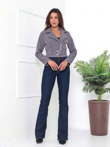 Women's Short Cropped Jacket With Zipper And Belt - Xám - Xem 1