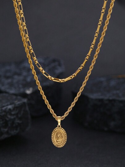 Conjunto de 2 colares com pingente de Virgem Maria em aço inoxidável, uso diário moderno ou decoração para o dia da festa da Virgem Maria, unissex