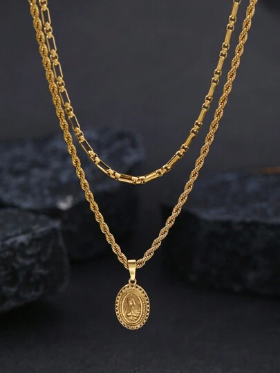 2件套18K镀金不锈钢圣母玛利亚吊坠项链套装，男女皆宜，可日常佩戴或在圣母升天节、新年、情人节、开学季等场合作为装饰，亦可作为护身符。