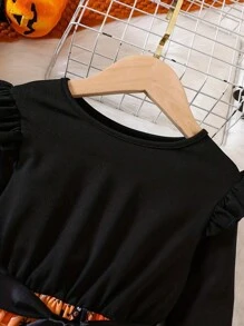 年轻女孩可爱万圣节南瓜印花连衣裙长袖 T 恤连衣裙秋季服装，儿童服装礼物 - 黑色 - 查看 2