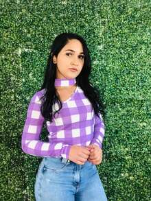 Blouse Long Sleeve Blouse With Plaid Ribbed Front Collar - 離開 - 查看 2