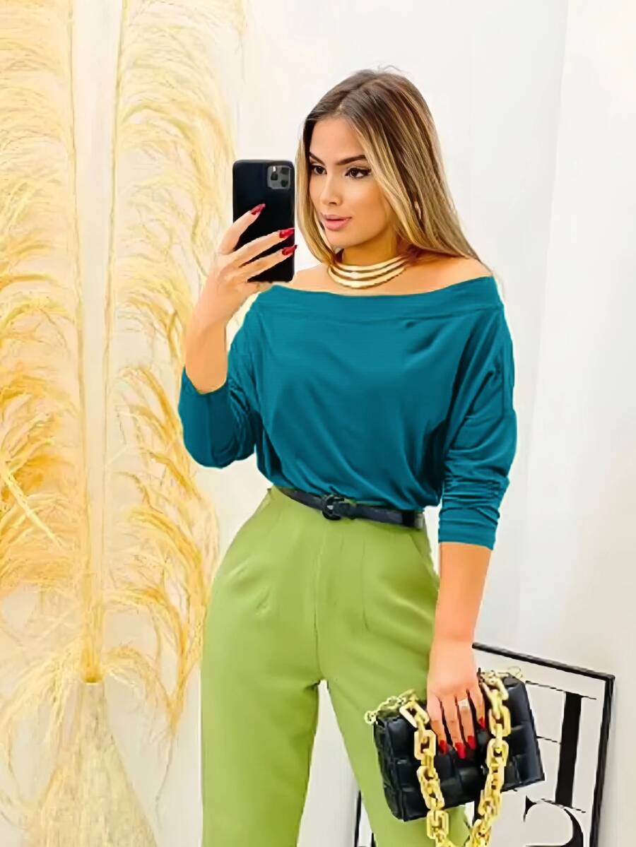 Women's Suplex Simple Long-Sleeved Blouse For Winter - Cadet Blue - View 1