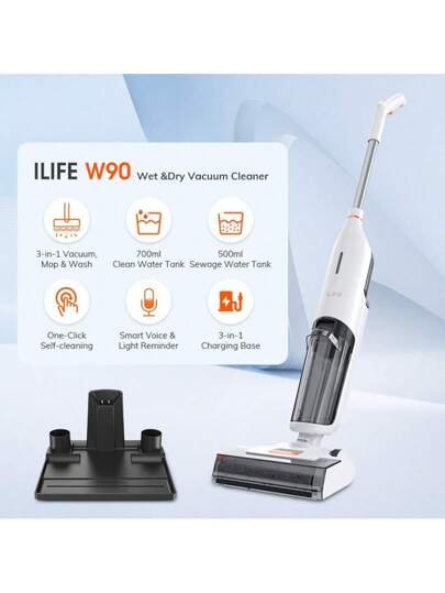 ILIFE W90 Wet Dry Cordless Stofzuiger Cleaner, In Vacuum, Mop Wash, Self Cleaning, 700ml Water Tank, 30 Minute Run Time. view 2