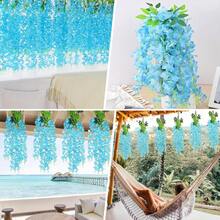 人造紫藤吊饰，仿真紫藤花环，丝藤藤编装饰，家居婚礼拱门背景，花园室内外办公室派对装饰 - 天藍色 - 查看 4