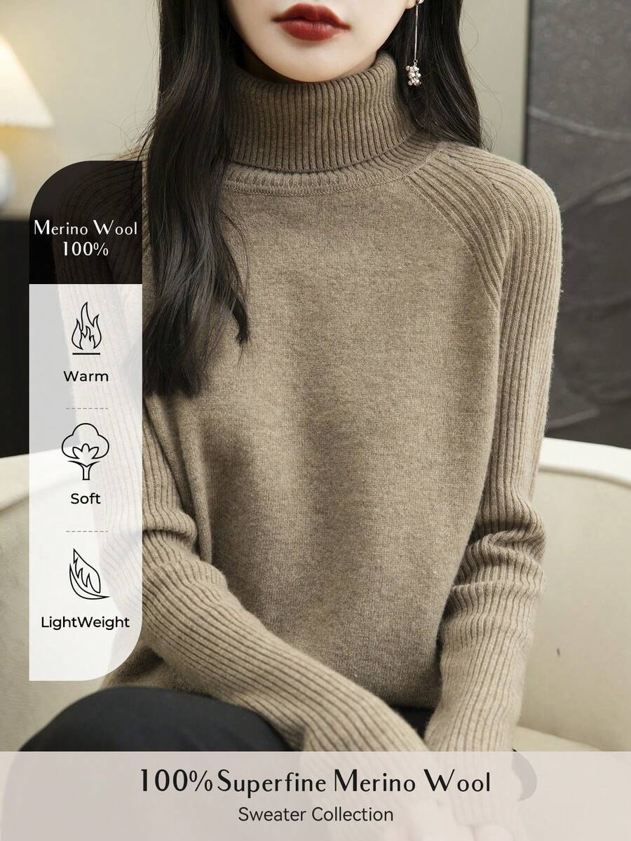 Women's Turtleneck 100% Merino Wool Sweater 2024 Fall Winter Classic Warm Soft Raglan Long Sleeve Knit Sweater