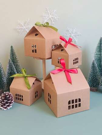 12pcs Kraft Paper Gift Box With Bow, Christmas Gingerbread House Box, Multi-Purpose Storage Box, Christmas, Wedding, Birthday, Bridal Shower, Party Gift Boxes, For Home, School, Holiday