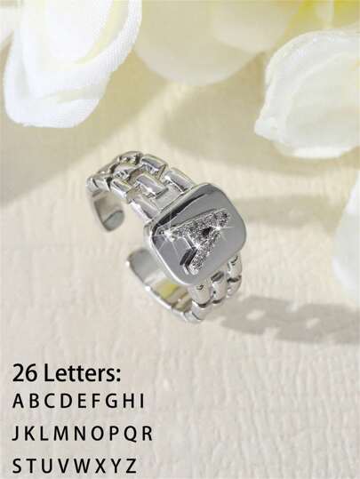 1 件闪亮锆石镶嵌 26 个字母首字母开口戒指，适合日常佩戴和活动