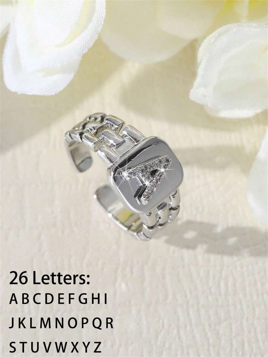 1pc Sparkly Zirconia Inlaid 26 Letter Initial Open Ring, Suitable For Daily Wear And Events