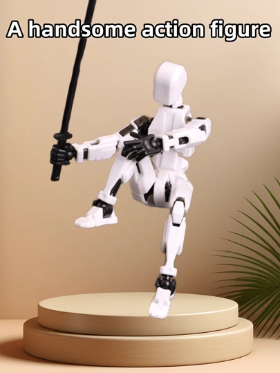 1套全关节模块化可动人偶玩具，包含：人偶+3套手型+长棍+枪+斧+剑+武士刀，可摆出各种炫酷的造型和样式。DIY变形机器人3D打印人体模型绘画模型桌面摆件，幸运13机甲风格人物减压玩具，趣味礼物，帅气手办