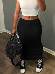 Plus Size Women Casual Solid Color Knit Skirt, Versatile For Daily, Graduation, Back To School, All Seasons - Black - View 3