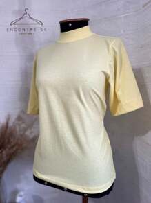 High-Neck Cotton Tshirts Inspired By Zaara Basic Plain T-Shirt Casual Stripped Women's Blouse T-Shirt 100% Cotton Tee Fashion Summer 2024 - 黃色 - 查看 3