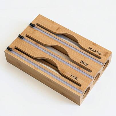 1pc Bamboo Plastic Wrap Dispenser, Kitchen Organiser, Aluminum Foil And Plastic Wrap Storage Box, Suitable For Kitchen(Khaki)