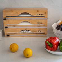 1pc Bamboo Plastic Wrap Dispenser, Kitchen Organiser, Aluminum Foil And Plastic Wrap Storage Box, Suitable For Kitchen(Khaki)