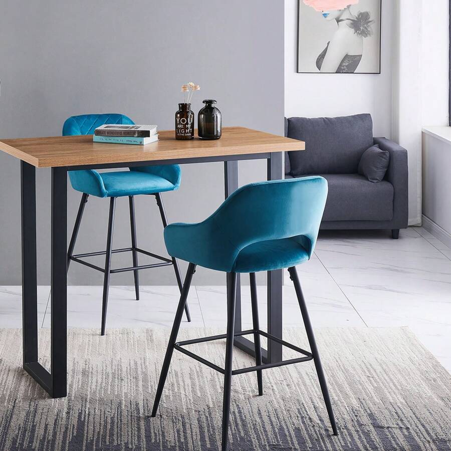 Bar Stools Set Of 2 Dark Teal Velvet Padded Bar Chairs With Footrest