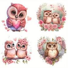 4 piezas Parche con estampado de búhos en pareja abrazados, diseño de camiseta de búhos de dibujos animados lindos, pegatina transferible de calor para decoración de camisetas y ropa DIY - Multicolor - Ver 1