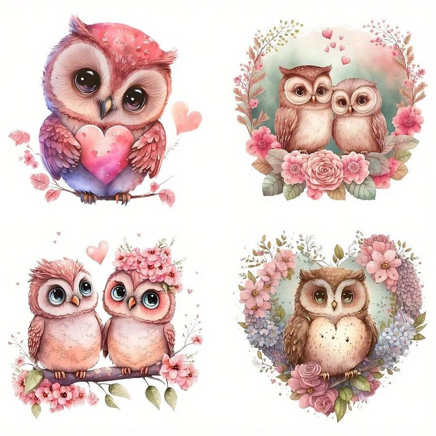 4 piezas Parche con estampado de búhos en pareja abrazados, diseño de camiseta de búhos de dibujos animados lindos, pegatina transferible de calor para decoración de camisetas y ropa DIY - Multicolor - Ver 1