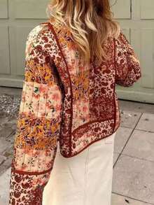 Abrigo acolchado con estampado floral colorido y solapa con botones para mujer, chaqueta corta de manga larga de color contrastante, para usar en otoño, Navidad y almuerzos
