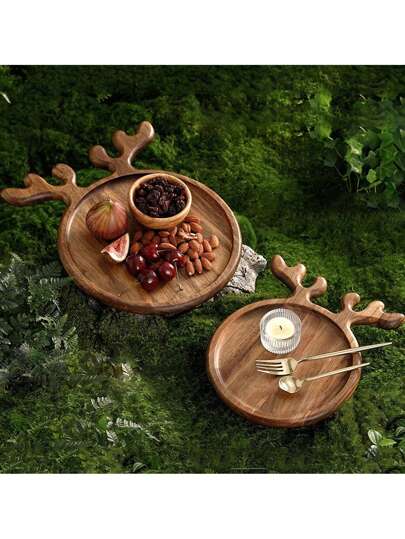 1pc Christmas Wooden Antler Serving Tray, Round Food Display Platter With Handle For Cheese, Fruit, Bread, Holiday Christmas Kitchen Gift, Suitable For Housewarming, Wedding Decor,Christmas