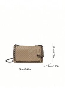 Fashion Chain Decor V-Shape Embroidery Thread Shoulder Bag Crossbody Bag Women Small Square Bag - Khaki - View 9